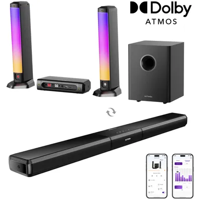 Produktbild von ULTIMEA 5.1ch Dolby Atmos Soundbar mit RGB Licht für Heimkino, 3D Surround Sound System mit Subwoofer & App Steuerung, verstellbarem EQ, Apollo S80