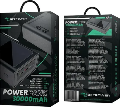 Zdjęcie produktu dla BeePower Power Bank - BP-30PD 30000mAh 22.5W PD USB-C + 2 x USB3.0 czarny