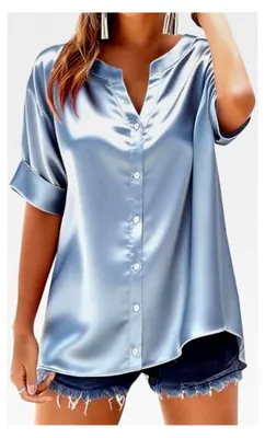 Produktbild von Satin-Oberteil für Damen, Kurzarm, Seidentops mit Knopfleiste und V-Ausschnitt, elegante Business-Bluse, lockerer Schnitt, Langarmshirt Oversized, Button-Down mit Tasche, einfarbig, modischer Pullover