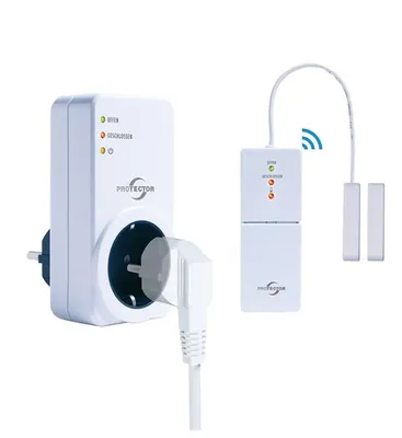 A white wireless door/window sensor set and a white plug-in adapter are displayed against a white background.
