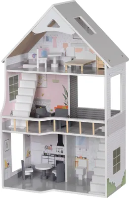 Produktbild von Holz-Puppenhaus 3-stöckig mit 13 Möbeln für Kinder 3-6 Jahre