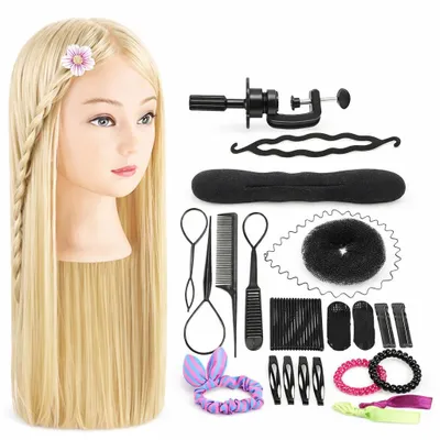 Produktbild von Trainingskopf mit Tischklemme und Styling-Zubehör - Friseurkopf – Übungskopf Friseur –Puppenkopf - Blondes Haar - 70 cm