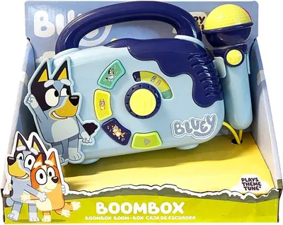 A Bluey-themed karaoke boombox toy in its retail packaging.