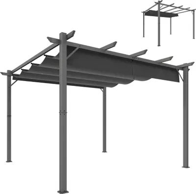 Image de Pavillon de jardin - Pergola - 3 x 3 m - Toit coulissant - Protection UV UPF 30+ - Cadre en aluminium - Toile en polyester - Gris foncé