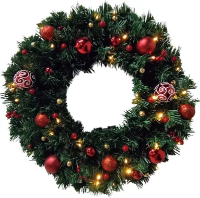 Produktbild von Buxibo PVC Weihnachtskranz mit Dekorationen – Grün – Mit 40 Lichtern und Batteriebetrieb – 150 Zweige – 50 cm