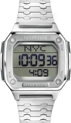 A digital watch with a metal band, displayed against a white background.