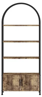 Zdjęcie produktu dla Łukowaty regał na książki – regał z drzwiami i szafką – 4 półki – wolnostojący, 181,6 cm – metal i MDF – brązowy