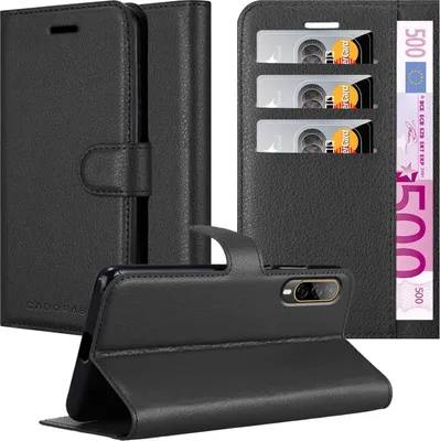 A black leather flip case for a smartphone is displayed, showing its card slots and a euro banknote.