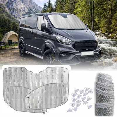 Produktbild von MJS Innen Thermomatten Set kompatibel mit Ford Transit Custom 2012–2023 (3-teilig) – Frontscheiben-Sonnenschutz & Thermo-Isolierung