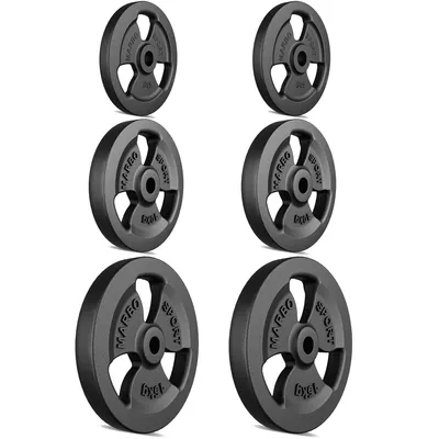 Produktbild von Marbo Sport Tri-Grip Guss Hantelscheiben-Set Gewichte mit ø30/31 mm Bohrung | Set 60 kg / 2 x 15 kg + 2 x 10 kg + 2 x 5 kg