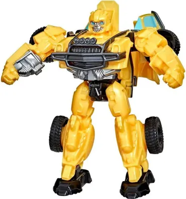 A yellow robot action figure, Bumblebee, standing against a white background.