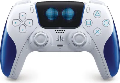 A white and blue PlayStation 5 DualSense controller with blue circular lights on the touchpad.