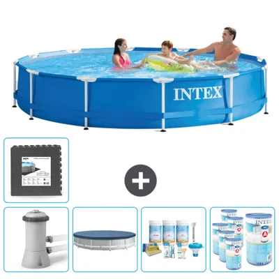 Produktbild von Intex Rundrahmen-Schwimmbecken – 366 x 76 cm – Blau – inklusive Pumpe Abdeckung - Wartungspaket - Filter - Bodenfliesen