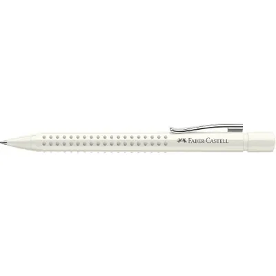 A white mechanical pencil with a silver clip and branding.