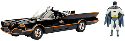 Image de Jada Toys, Batmobile classique de 1966, modèle réduit 1:24 très détaillé, incluant les figurines de Batman et Robin. Les portes peuvent être ouvertes. Boîte noire avec mécanisme de roulement libre