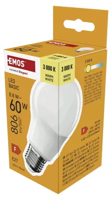 Immagine prodotto di EMOS Lampada LED BASIC A60, base E27, bianco caldo, 806 lm, 8,8W (sostituzione di una lampadina a incandescenza da 60W), durata 20 000 h, ZL5F47