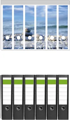 Produktbild von Wallario 6 Stück breite Ordner inkl. Klebeetiketten mit Motive Steinstapel am Strand -  Set mit Rückenschildern / Ordnerrücken Stickern