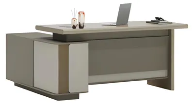 Produktbild von Moderner Schreibtisch Beige und Grau mit Schubladen und LED Beleuchtung für Büro