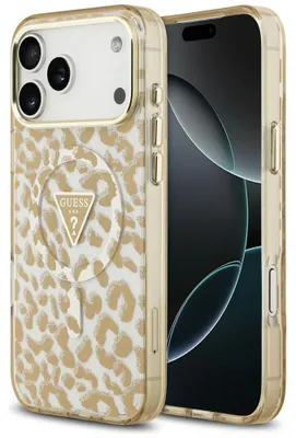 Image de Étui Guess IML motif léopard pailleté pour iPhone 18 Pro Max / 17 Pro Max, couleur marron