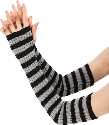 Produktbild von Gestreifte Damen-Ellbogenhandschuhe, Winter-Strick-Armstulpen, Gothic-Punk-Fingerhandschuhe, dehnbare Fäustlinge mit Daumenloch für Alltag und Cosplay