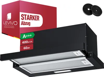 A black range hood is shown with marketing labels and accessories.