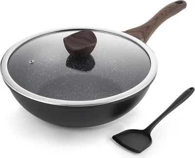 Image de Poêle à wok 30 cm induction fonte d'aluminium aspect pierre couvercle noir