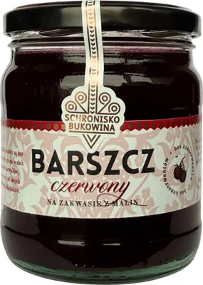 Zdjęcie produktu dla Czerwony barszcz na zakwasie z malinami 400 ml – Schronisko Bukowina