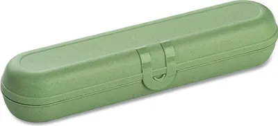 A closed green cutlery case is shown against a white background.