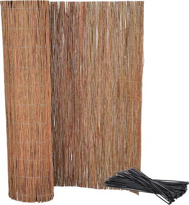 A rolled-up and unrolled willow privacy screen with a bundle of black zip ties.