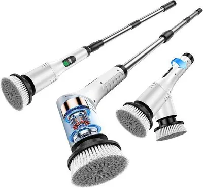 Obrázek produktu pro Elektrický čisticí kartáč – Bezdrátový čistič – Čištění koupelny – Nastavitelná teleskopická rukojeť – 9 nástavců – Bílá barva