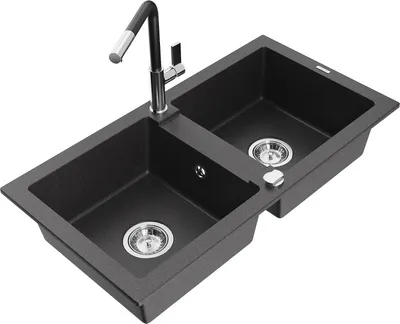 Produktbild von Mexen Mario 2-Becken-Granitspüle mit Mischbatterie Flora, Schwarz gesprenkelt - 6504-76-670401-07
