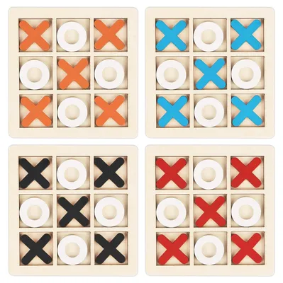 Produktbild von Tic-Tac-Toe Spiel Holzspiel Brettspiel - 10 x 10 cm - 12 Stück - Rot, Blau, Orange und Schwarz - Für Kinder und Erwachsene