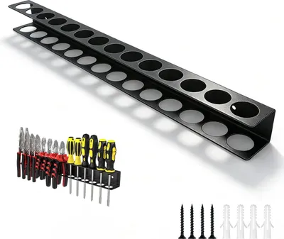 Produktbild von Werkzeughalter mit 14 Löchern zur Wandmontage – Kohlenstoffstahl – Schraubendreher/Schraubenschlüssel/Hämmer – Schrauben und Dübel im Lieferumfang enthalten