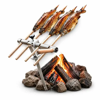 Produktbild von Steckerlfisch Halter für Lagerfeuer mit 4 Holzsteckerl
