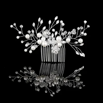 Produktbild von Haarkamm Haarschmuck Braut Hochzeit Haarkämme Frauen Strass Perle Braut Haarschmuck Silber Blume Silber Kristall Hochzeit Haar Perlen Schmuck