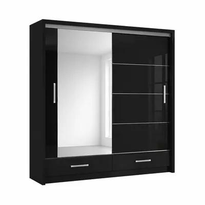 Produktbild von Schwebetürenschrank MARSEILLE 203 cm mit Spiegel & Schublade – Kleiderschrank Hochglanz modern Schlafzimmer (Schwarz)