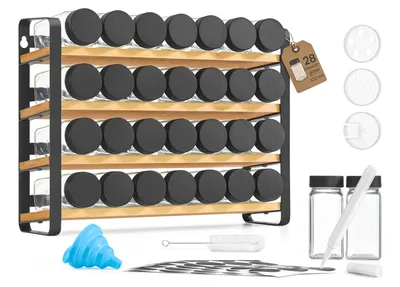 Produktbild von SONGMICS Gewürzregal mit 28 Gewürzgläsern, Gewürz-Organizer, Küchenregal, mit Etiketten und Zubehör, schwarz-naturfarben