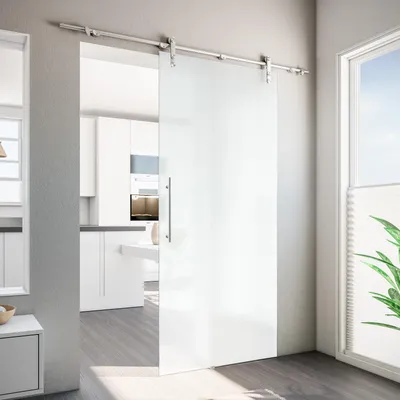 Produktbild von inova Glasschiebetür 900 x 2080 mm, Vollflächig satiniert, Komplettset mit offener Laufschiene in Edelstahloptik und Stangengriff, ohne Softclose