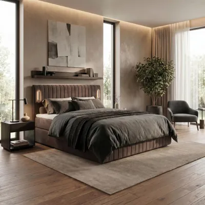 Produktbild von ELVORA DESIGNE Boxspringbett 160x200 cm FLOW mit 2 Bonellmatratzen H3 & Topper, Bettkasten, Dunkelbraun, KI-generiertes Bild
