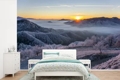 Produktbild von MuchoWow® Fototapete für Wohnzimmer oder Schlafzimmer Wandtapete Vinyl Motivtapete Winter - Berge - Sonne - Abend - 420x280 cm - Zimmer für Kinder