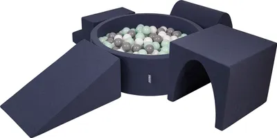 Produktbild von KiddyMoon spielplatz aus schaumstoff mit rund bällebad (300 bälle) ballgruben für babys spielbad hindernisläufen, hergestellt in der eu, dunkelblau:weiß/grau/minze