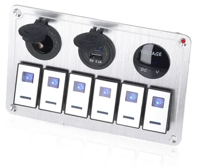 Obrázek produktu pro Panel s 6 kolébkovými přepínači, modré LED osvětlení, 2,1 A, dva USB porty pro nabíjení, hliníková slitina, do auta a karavanu