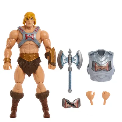 A He-Man action figure with accessories displayed on a white background.