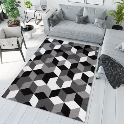 A modern living room with a sofa, armchair, and a geometric patterned rug.