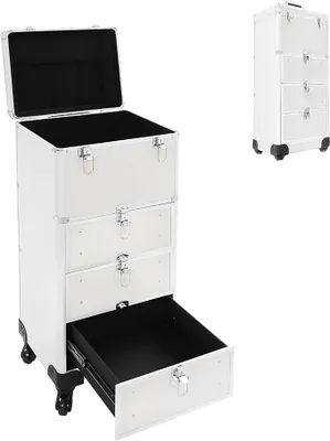 Produktbild von Kosmetikkoffer Trolley Professioneller Friseur Koffer mit 3 Schubladen, 6 Schlüssel, 4 Rollen Kosmetik Trolley Friseurkoffer Schminkkoffer Damen Make Up Koffer (Silber+Glänzend)