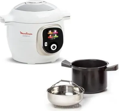 A multi-cooker with its accessories is displayed against a white background.