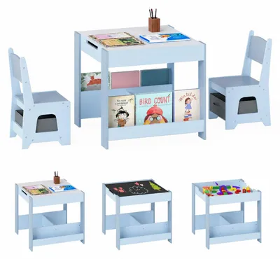 Image de FANTASK : Table pour enfants avec 2 chaises, ensemble de mobilier en bois composé de 3 pièces. Table réversible