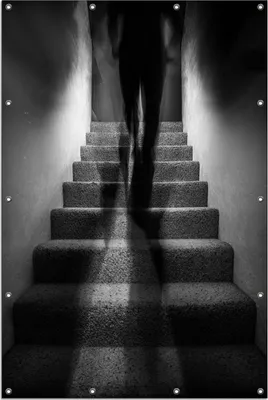 Produktbild von Wallario Outdoor-Poster für Garten oder Balkon, Motiv Mysteriöse Treppe mit Schattenfigur - Schwarzweiß, in ca. 120 x 180 cm