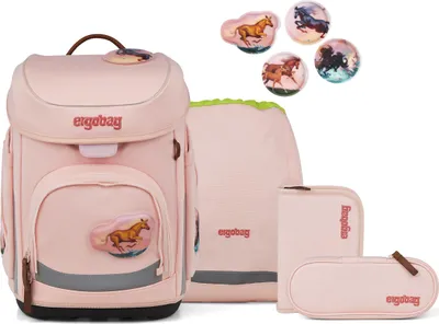 A collection of school supplies including a backpack, pencil case, and decorative patches, all with a horse theme.