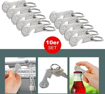 Produktbild von EAXUS® 10er Set Schlüsselanhänger 2in1 Einkaufswagenlöser mit Flaschenöffner aus Edelstahl, Rostfreier Einkaufswagenchip - Einkaufschip